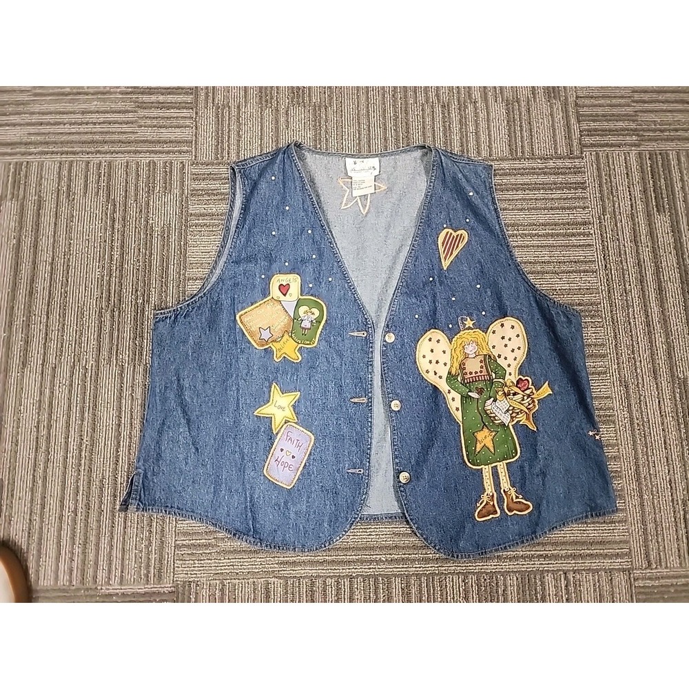 Quacker Factory Women 1X Blue Denim Vest Heart, Angels Faith, Front-Button‎ Down